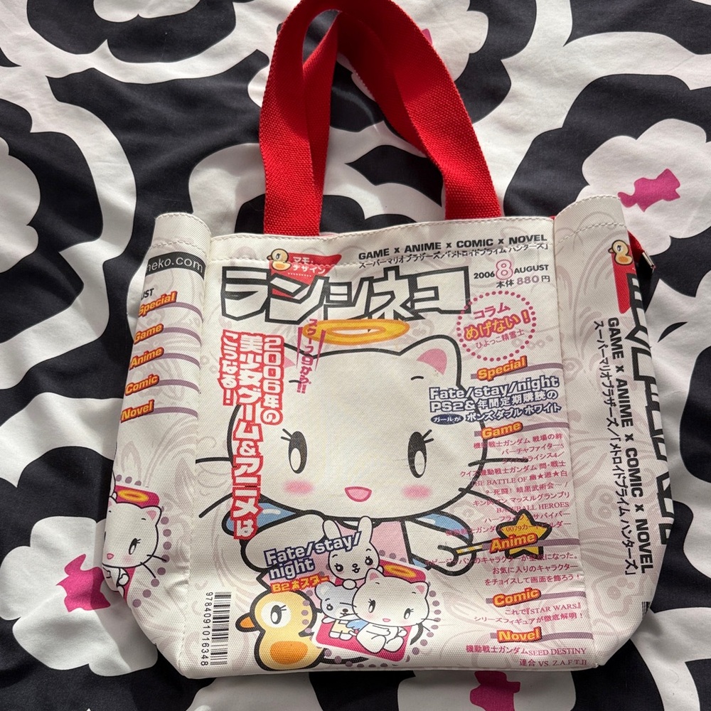 Anime Print Tote Bag with Red Handles